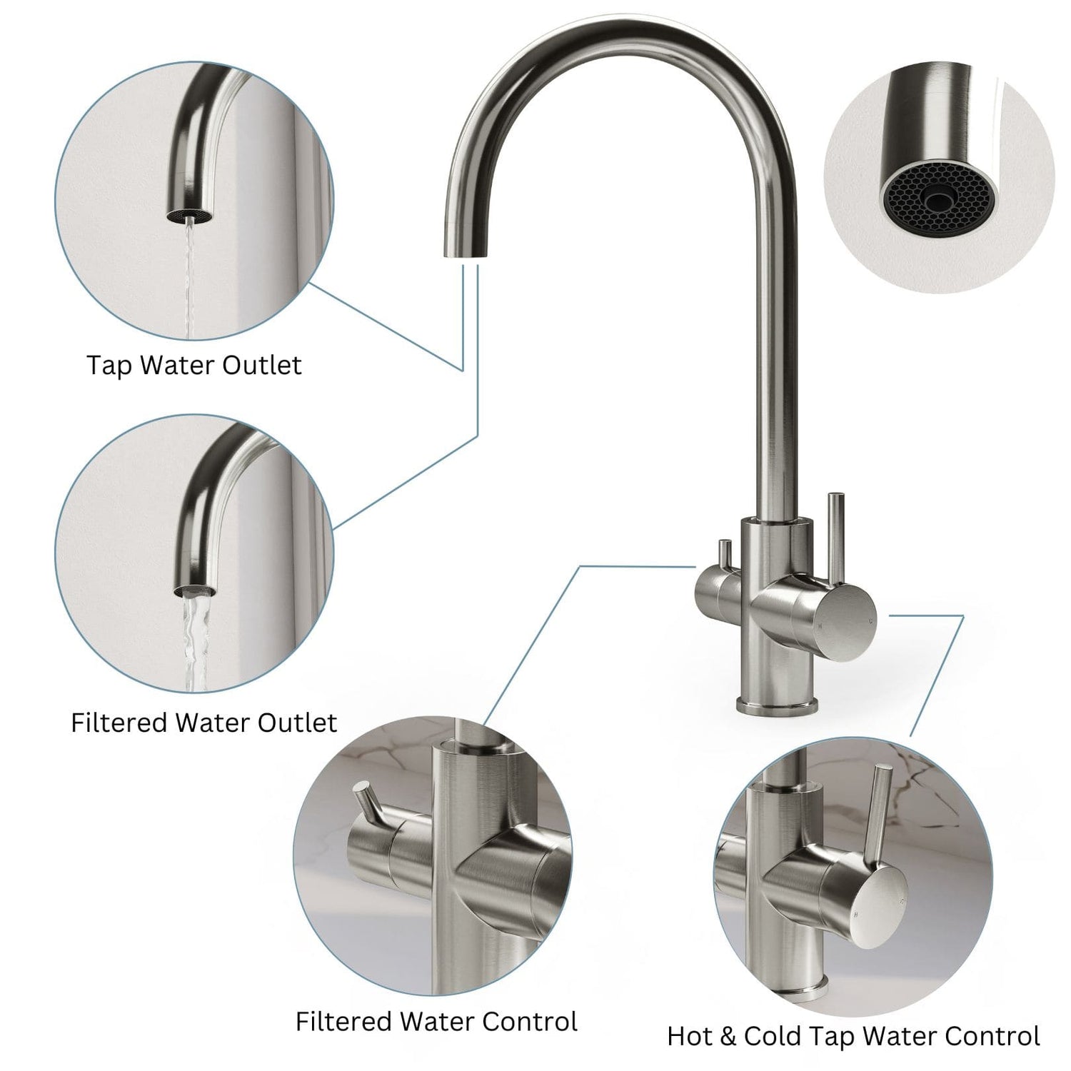 Isla 3 Way Water Filter Tap - Brushed Stainless Steel